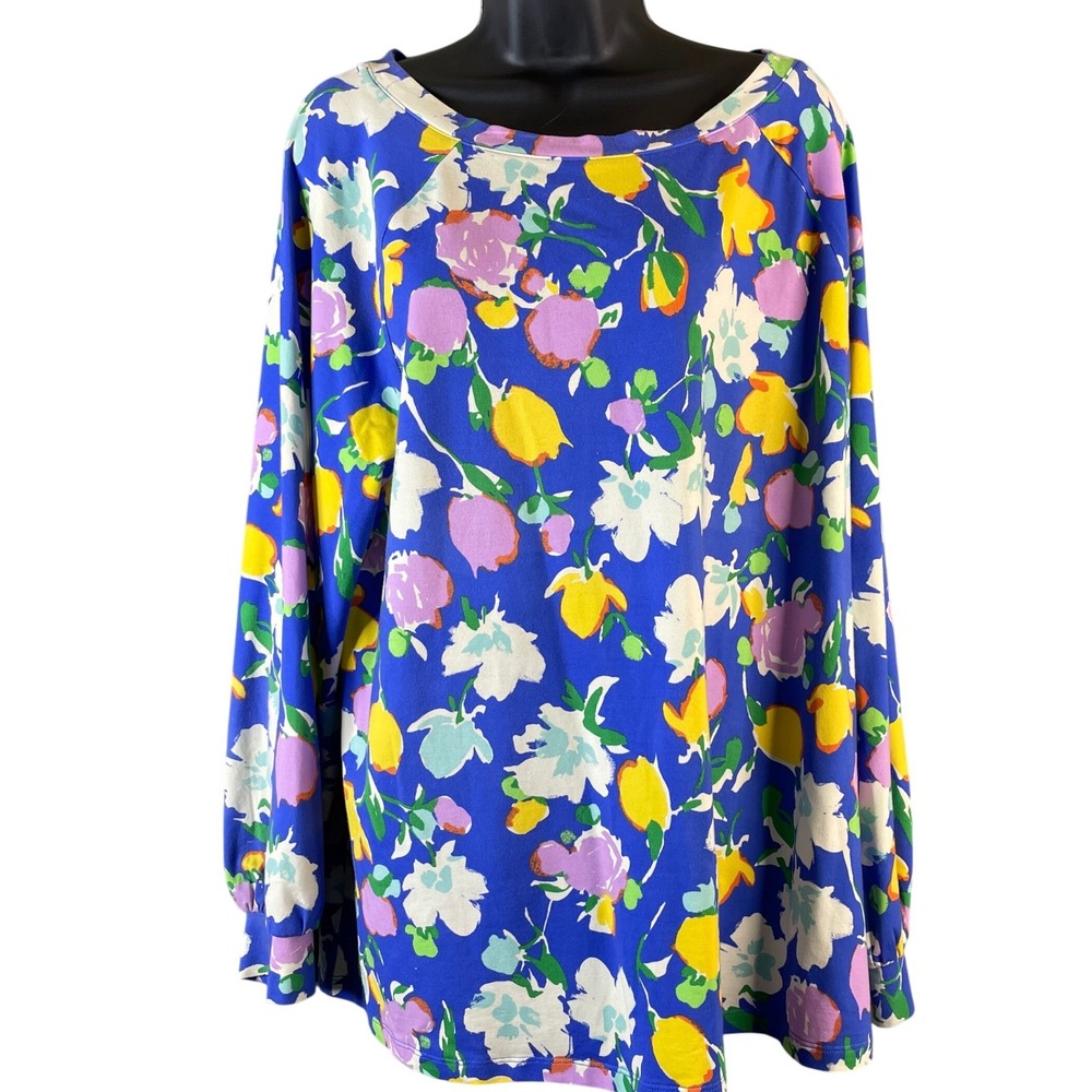 Isaac Mizrahi Live Womens XL Floral Long Sleeve Top Blue Multi Color Raglan XL